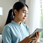 A serene individual of Southeast Asian descent in modest, comfortable attire, sitting peacefully in a sunlit, modern living space. They are holding a tablet, viewing a mental wellness application on the screen with a calm and reflective expression. The background features blurred, soft home decor. Perfect anatomy, correct proportions, natural pose, well-formed hands, proper finger count, natural body proportions. Safe for work, appropriate content, fully clothed, modest clothing, high-quality professional photography.