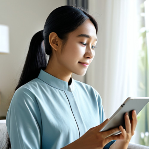 Home 14 A serene individual of Southeast Asian descent in modest, comfortable attire, sitting peacefully in a sunlit, modern living space. They are holding a tablet, viewing a mental wellness application on the screen with a calm and reflective expression. The background features blurred, soft home decor. Perfect anatomy, correct proportions, natural pose, well-formed hands, proper finger count, natural body proportions. Safe for work, appropriate content, fully clothed, modest clothing, high-quality professional photography.