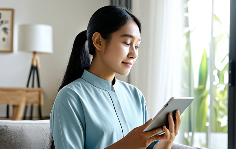 A serene individual of Southeast Asian descent in modest, comfortable attire, sitting peacefully in a sunlit, modern living space. They are holding a tablet, viewing a mental wellness application on the screen with a calm and reflective expression. The background features blurred, soft home decor. Perfect anatomy, correct proportions, natural pose, well-formed hands, proper finger count, natural body proportions. Safe for work, appropriate content, fully clothed, modest clothing, high-quality professional photography.