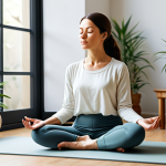 Calming Meditation Space**

A serene woman in modest clothing, eyes closed, meditating in a softly lit room. She is sitting comfortably on a cushion, with a yoga mat nearby. Diffused sunlight filters through a window overlooking a tranquil garden. Background features calming elements like indoor plants and soft, neutral colors. fully clothed, appropriate content, safe for work, family-friendly, perfect anatomy, correct proportions, professional quality, well-formed hands, proper finger count, natural pose, modest attire.

**