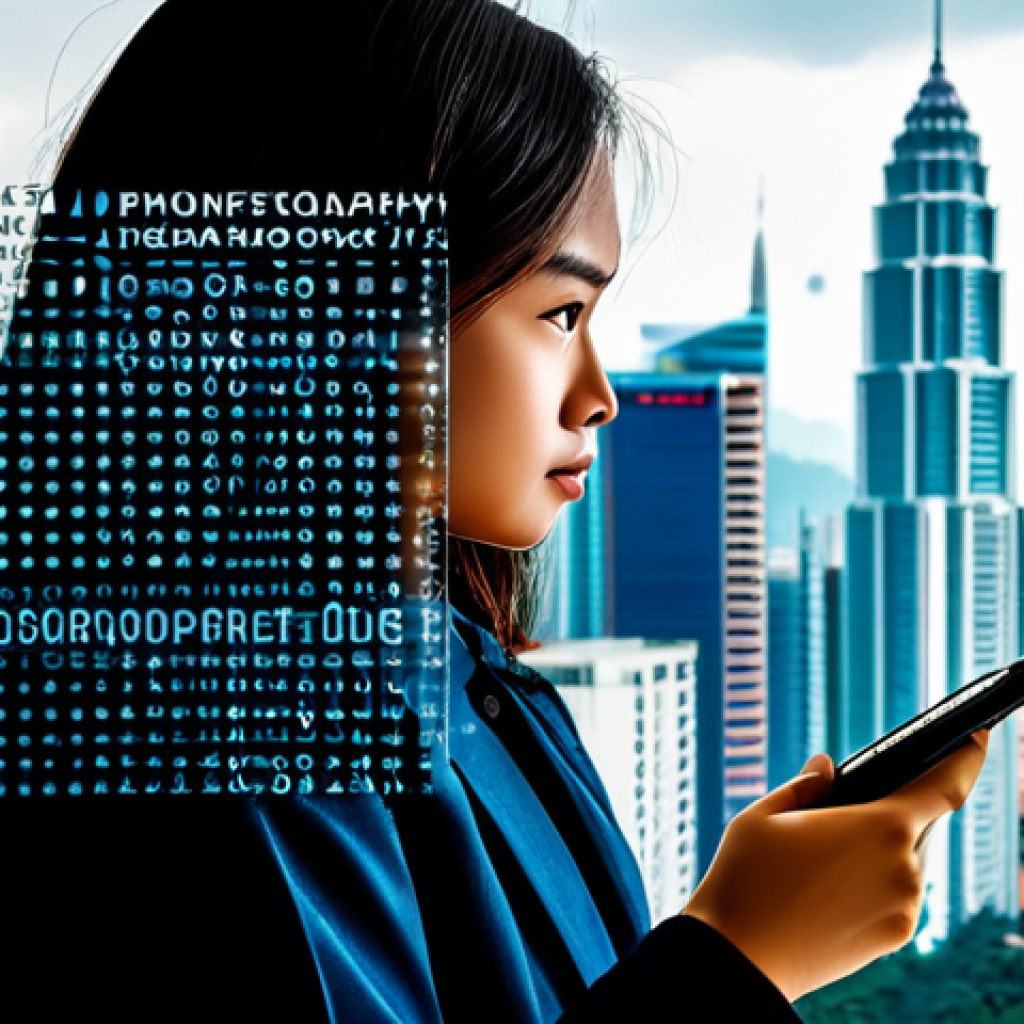 Data Privacy in Mental Health**
A concerned individual looking at a phone displaying data privacy terms, surrounded by abstract digital code and a blurred cityscape of Kuala Lumpur. Emphasis on data security icons (lock, shield). Fully clothed, modest attire. "Safe for work," "appropriate content," "professional illustration," "family-friendly," perfect anatomy, correct proportions, natural pose.
**