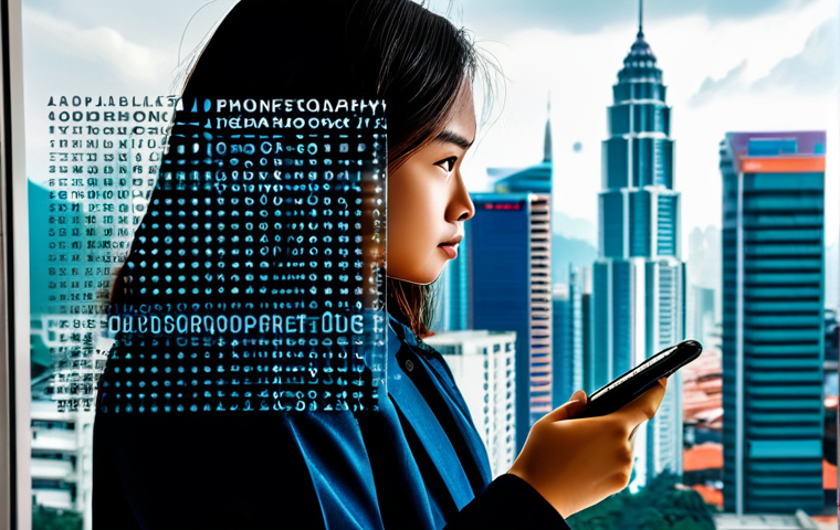 Data Privacy in Mental Health**

A concerned individual looking at a phone displaying data privacy terms, surrounded by abstract digital code and a blurred cityscape of Kuala Lumpur. Emphasis on data security icons (lock, shield).  Fully clothed, modest attire. "Safe for work," "appropriate content," "professional illustration," "family-friendly," perfect anatomy, correct proportions, natural pose.

**