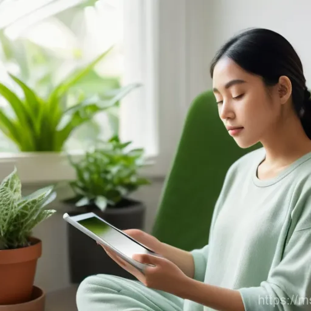 정신건강을 위한 디지털 플랫폼의 진화 - **Prompt:** A serene and contemplative young woman, of Southeast Asian ethnicity, sits comfortably o...