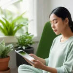 Home 17 정신건강을 위한 디지털 플랫폼의 진화 - **Prompt:** A serene and contemplative young woman, of Southeast Asian ethnicity, sits comfortably o...