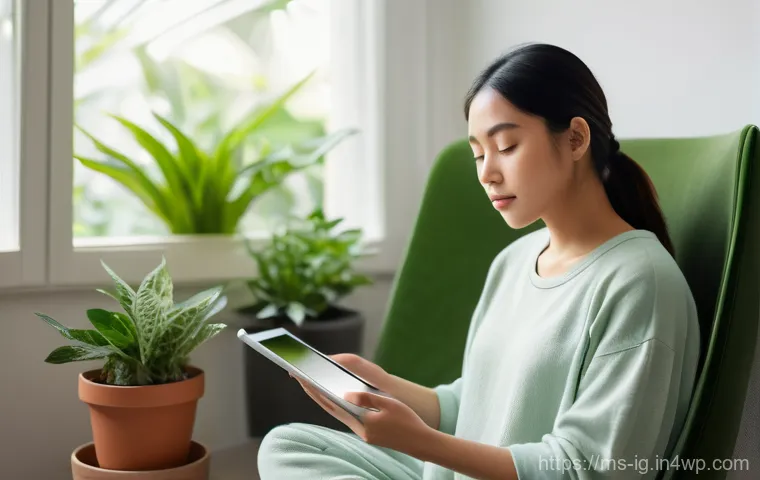 정신건강을 위한 디지털 플랫폼의 진화 - **Prompt:** A serene and contemplative young woman, of Southeast Asian ethnicity, sits comfortably o...