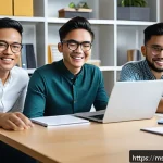 Home 18 정신건강을 위한 협업 플랫폼의 필요성 - A diverse group of young Malaysian professionals collaborating remotely via a sleek digital platform...