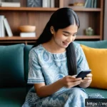 Home 23 정신건강 콘텐츠 플랫폼 비교 - A cozy and modern home office setting showing a young Malay woman comfortably seated on a sofa using...
