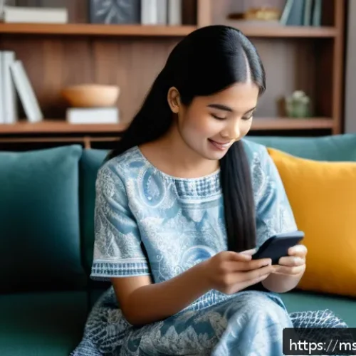 Home 17 정신건강 콘텐츠 플랫폼 비교 - A cozy and modern home office setting showing a young Malay woman comfortably seated on a sofa using...